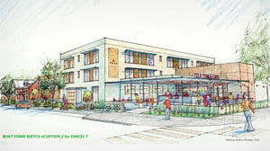 Artist rendering of a neighborhood commercial area including a café