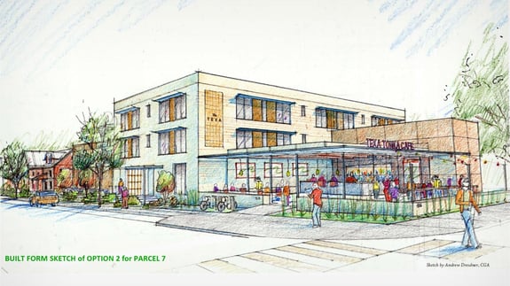 Artist rendering of a neighborhood commercial area including a café