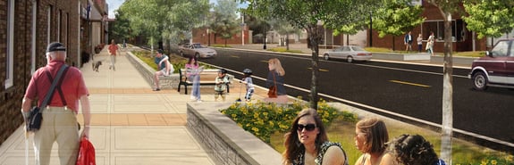 Artist rendering of sidewalk and tree planting boxes along downtown street
