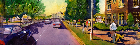 Artist rendering of downtown street, tree boulevard and sidewalk