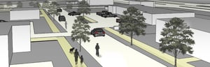 Artist rendering of city street with boulevard trees, sidewalks and cyclist